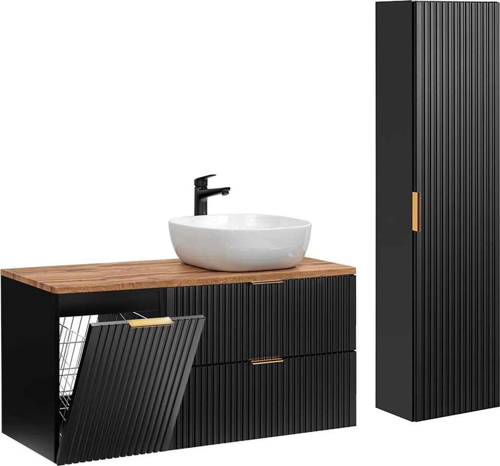 Waschtisch und Hängesäule 120.8cm Adriel mit 2 Schubladen, Schwarz und Holzoptik