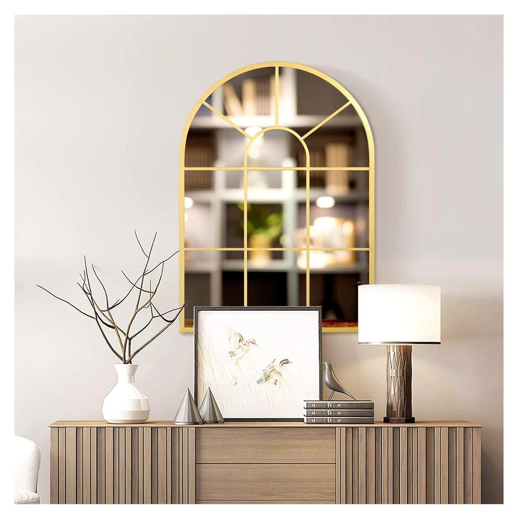 Fensterspiegel mit gewölbtem Metallrahmen in Gold, 70x50cm, vorinstallierte Haken für Wohnzimmer, Schlafzimmer, Flur, Deko, Geschenk zu Hochzeit ...