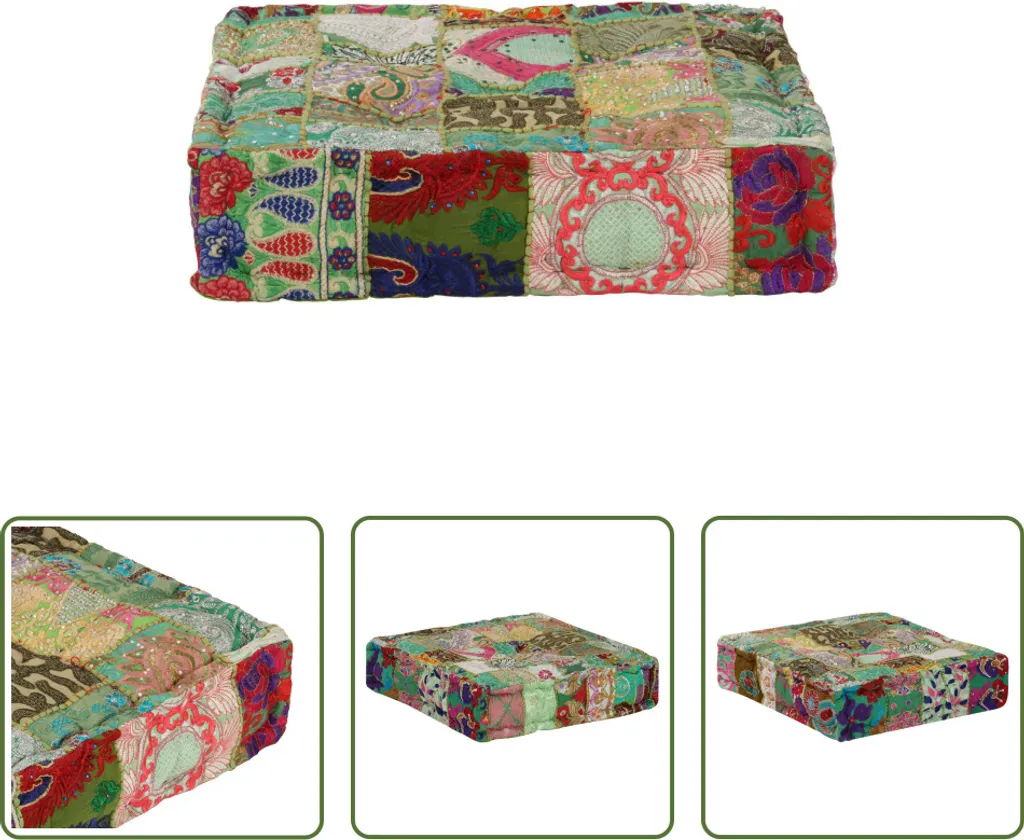 Pouf Quadrato Vintage Patchwork Verde 50x50x12 - Cotone Naturale