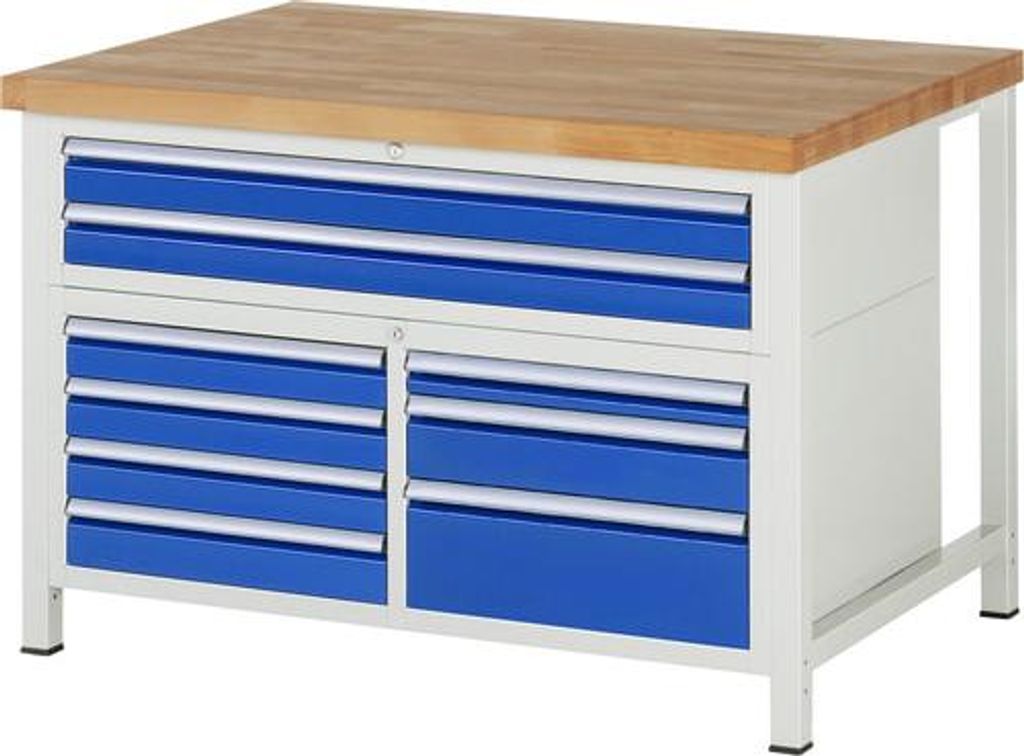 Werkbank mit 9 Schubladen - Vollauszug - 60:1 / 90:6 / 120:1 / 180:1 - 840 x 1.250 x 900 mm (HxBxT) - Traglast 1.250 kg - Buche
