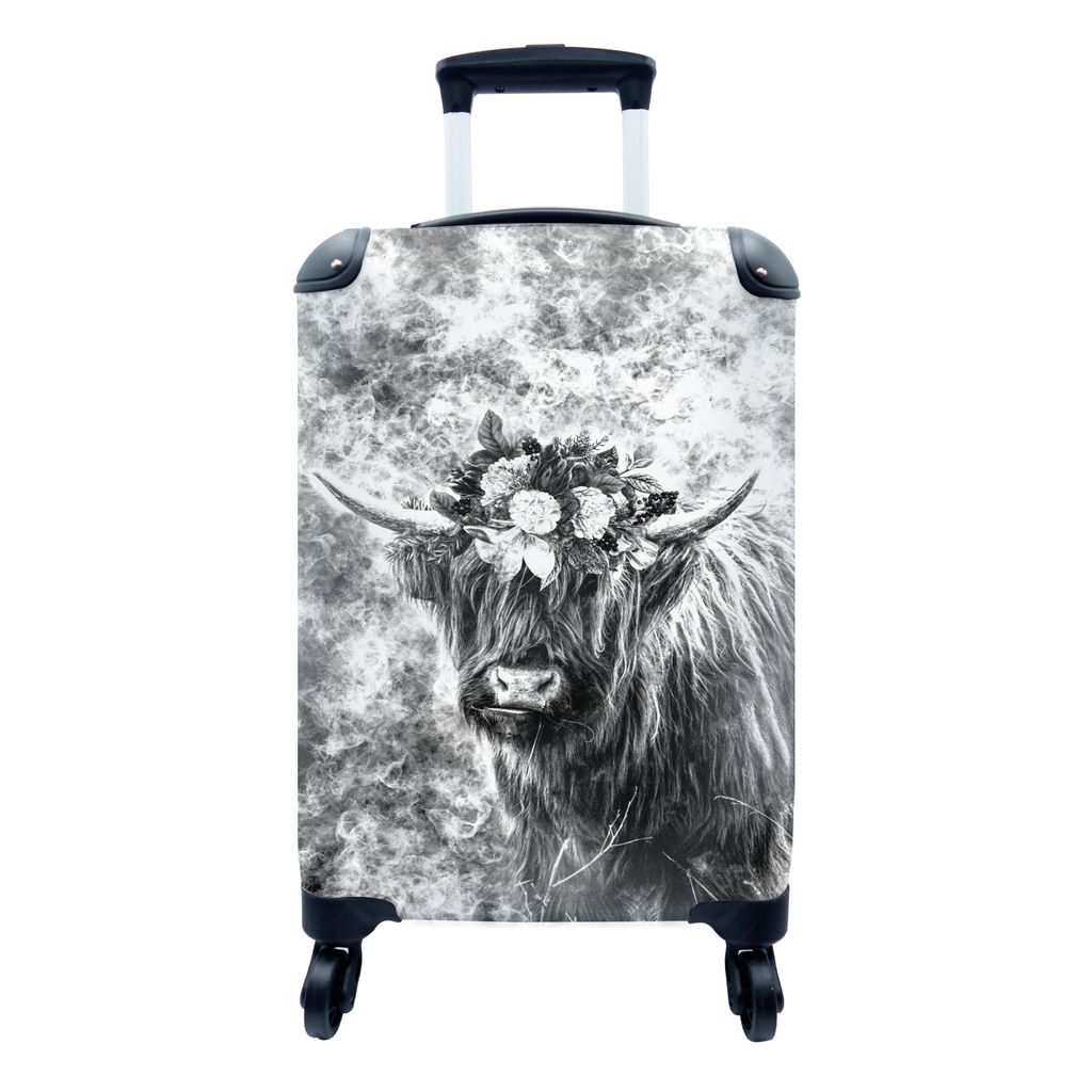 MuchoWow Koffer Handgepäck Trolley Rollkoffer Kleine Reisekoffer mit 4 Rollen - Schottischer Highlander mit Blumen auf dem Kopf - schwarz und we...