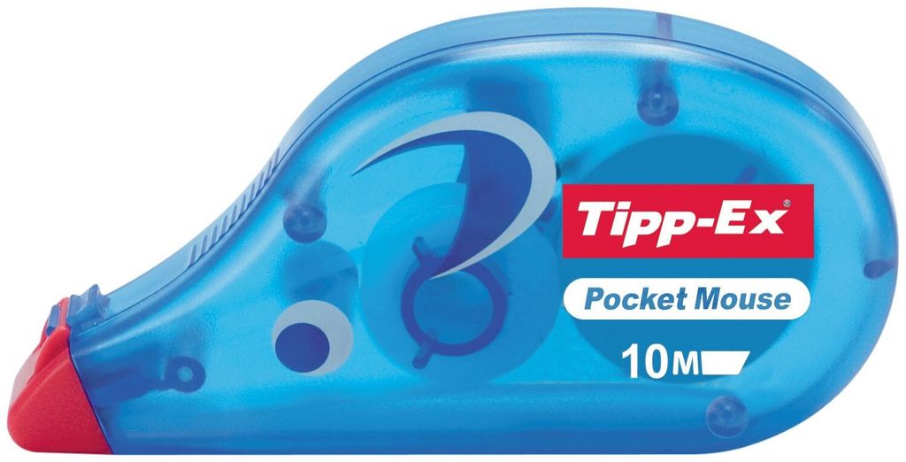 A blue Tipp-Ex Pocket Mouse correction tape dispenser.