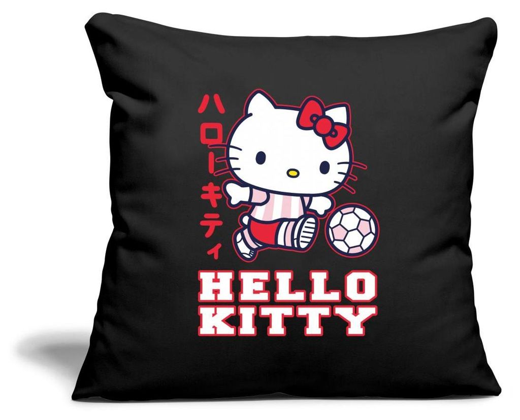 Spreadshirt Hello Kitty Spielt Fussball Sport Kissenbezug 45x45 cm, One size, Schwarz