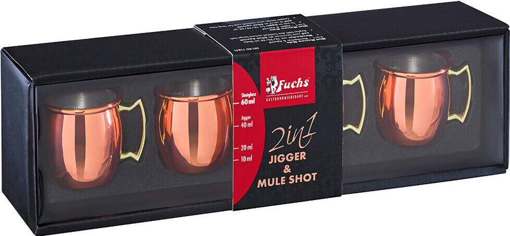 Fuchs Gastronomiebedarf Mini Moscow Mule Schnapsgläser Shots Jigger 60ml Kupfer-Optik mit Innenskalierung 10-20-40ml 4er Pack