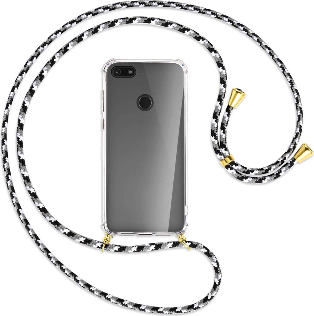 Handykette Backcover-Schutzhülle mit Band (Metall goldfarben) für Motorola Moto E6 Play - schwarz/grau/weiß