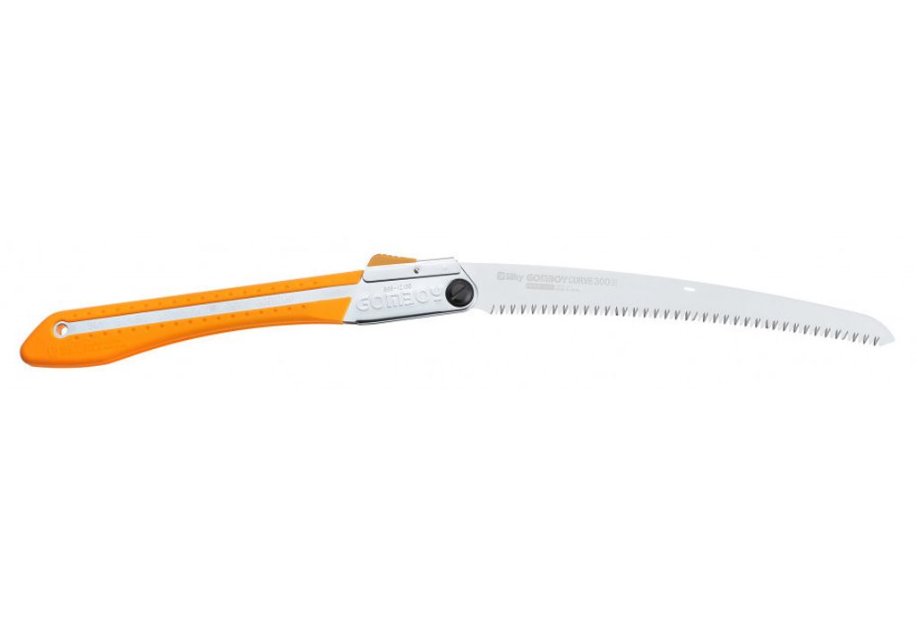 A folding saw with an orange handle and a silver blade is shown against a white background.