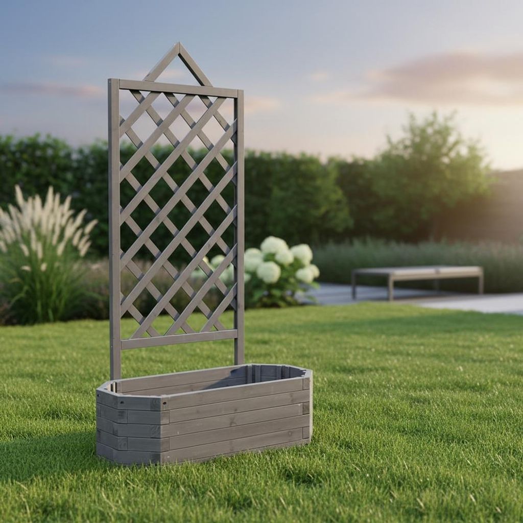 Spalier mit Blumenkasten Rankgitter Rosengitter Rankhilfe Rankkasten Rosen grau