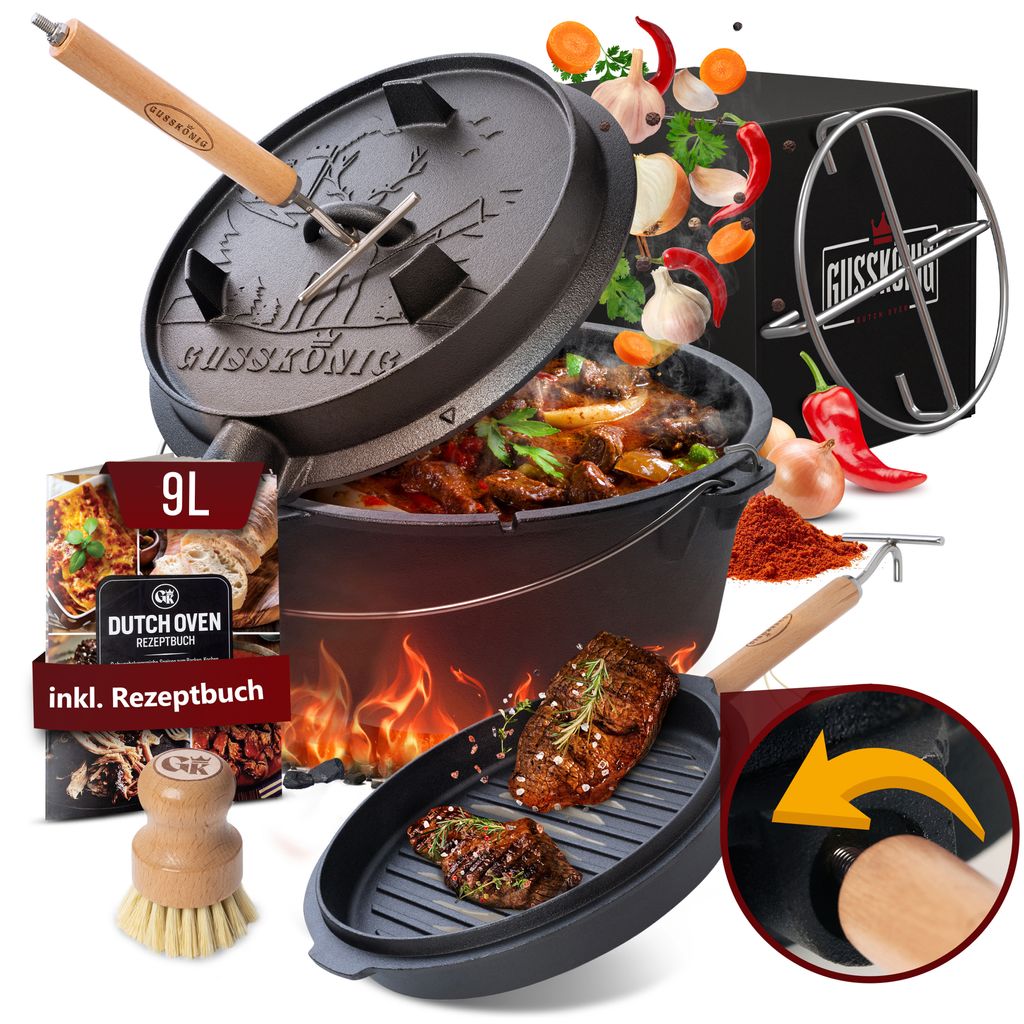 GUSSKÖNIG Dutch Oven Set [9L] ohne Füßen - Eingebrannter Produktbild 