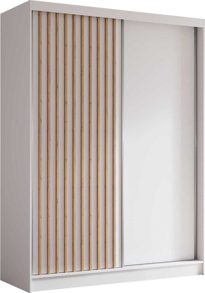 A white wardrobe with a slatted wood door on the left and a plain white door on the right, set against a white background.