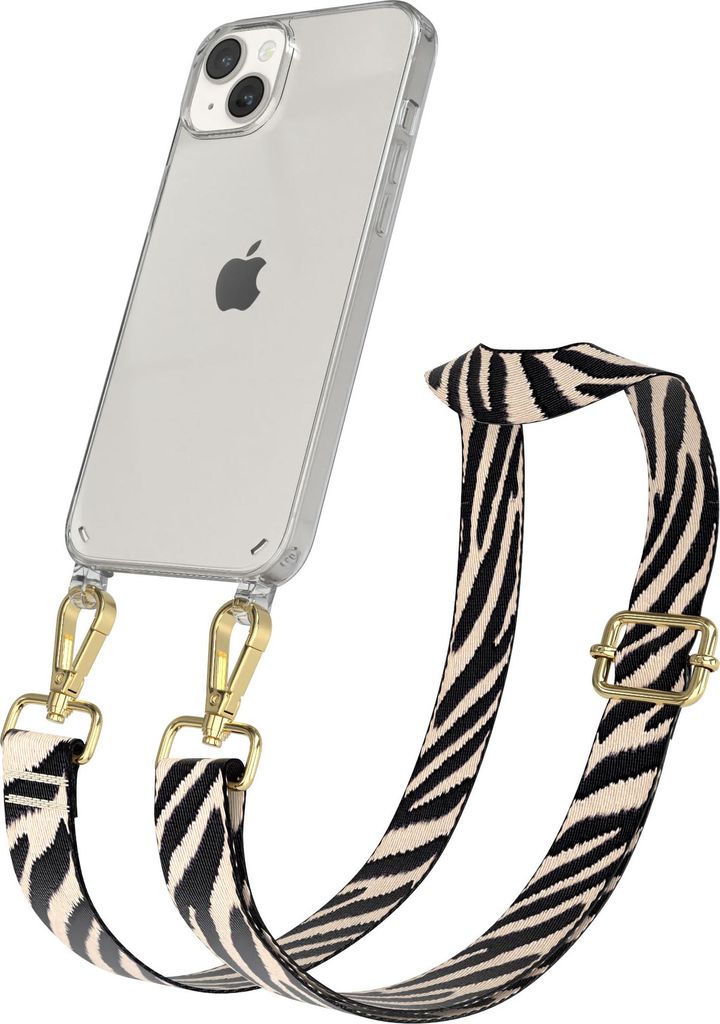 Apple iPhone 14 Plus Chain Eyelets Slim Neck Strap Set Zebra Style 13 Black/Taupe 06 Metall Gold