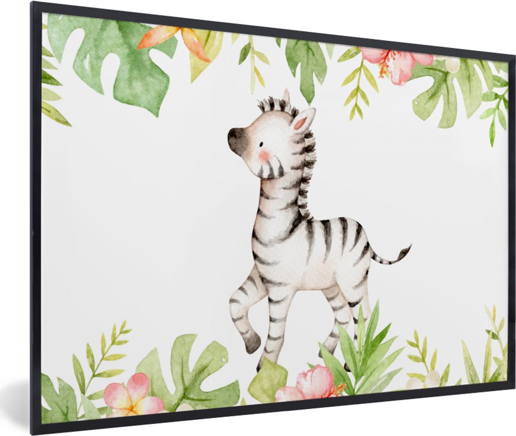 MuchoWow MuchoWow Gerahmtes Poster Zebra - Blumen - Dschungel - Aquarell 90x60 cm - Poster mit zchwarzem Bilderrahmen - Fotorahmen - Foto-Plakat