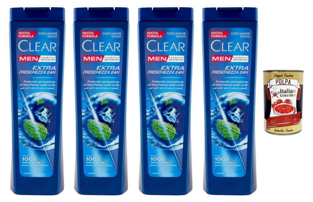 CLEAR Men Anti-Schuppen Shampoo Extra Frische 24h mit Menthol 4x225ml Vorteilspack für Männerhaar + Italian Gourmet polpa