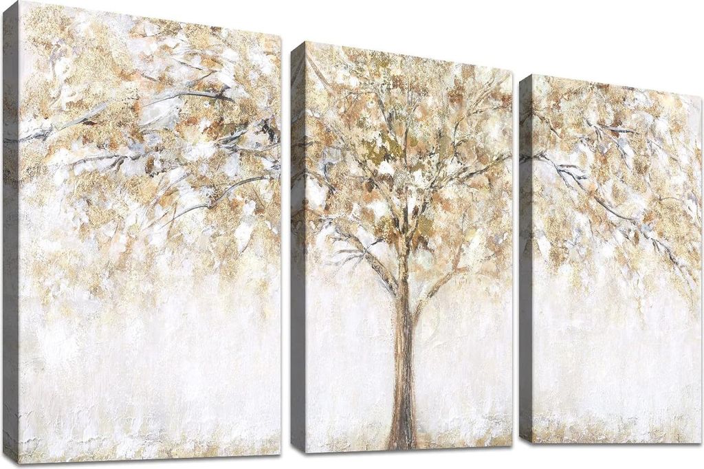 Wanddekoration 3 Paneele Leinwandbild Holzrahmen abstrakter HD-Druck Baum - 90 x 40 cm