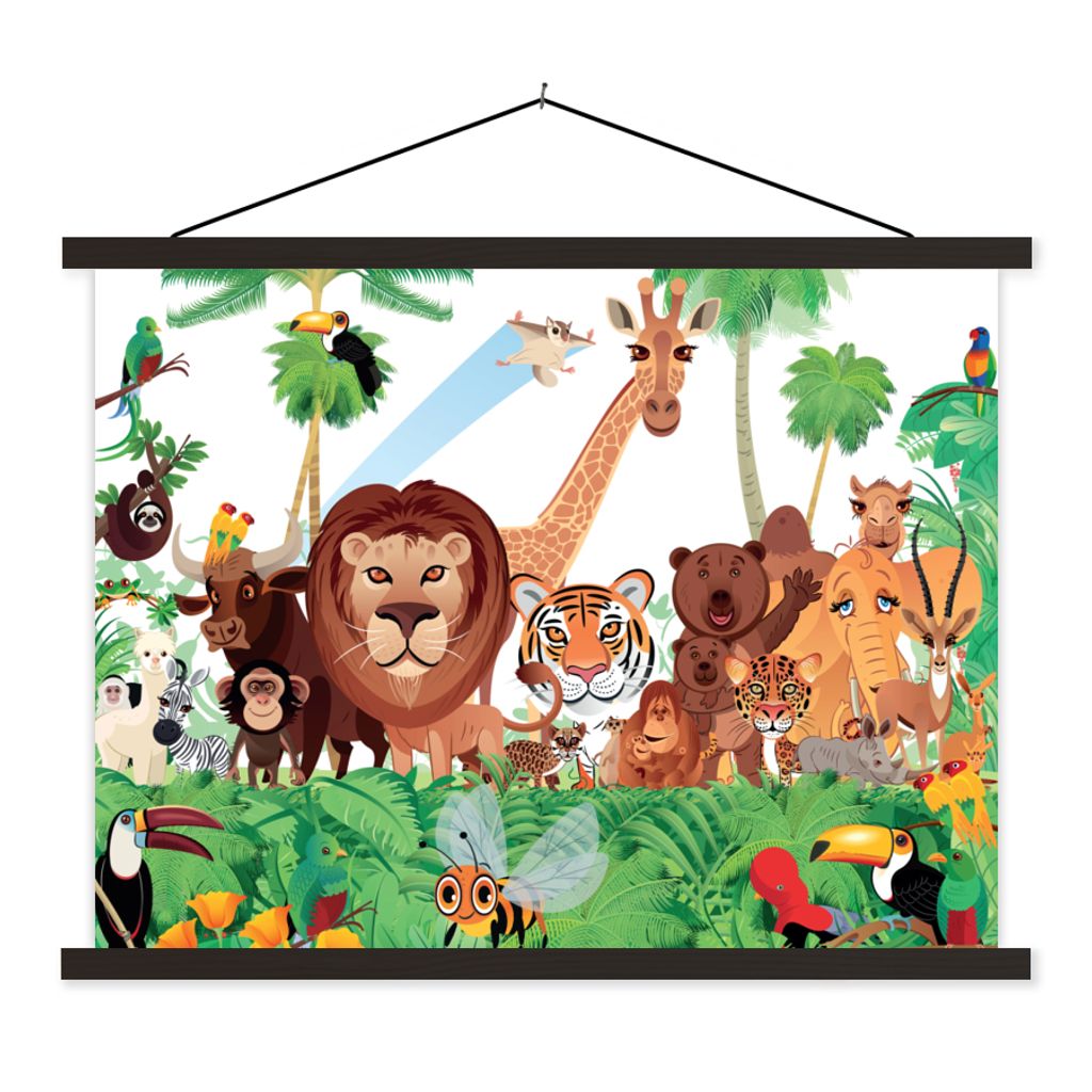 MuchoWow Textilposter Wilde Tiere - Dschungel - Löwe - Tiger - Mädchen - Kinder - Jungen 60x45 cm mit schwarzem Rahmen - Poster Schlafzimmer
