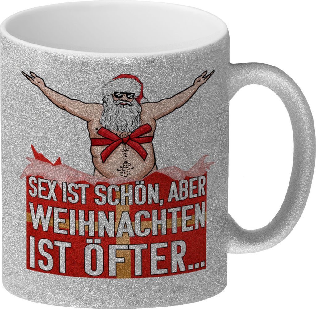 Sex ist schön aber Weihnachten ist öfter Glitzer-Kaffeebecher mit Weihnachtsmann