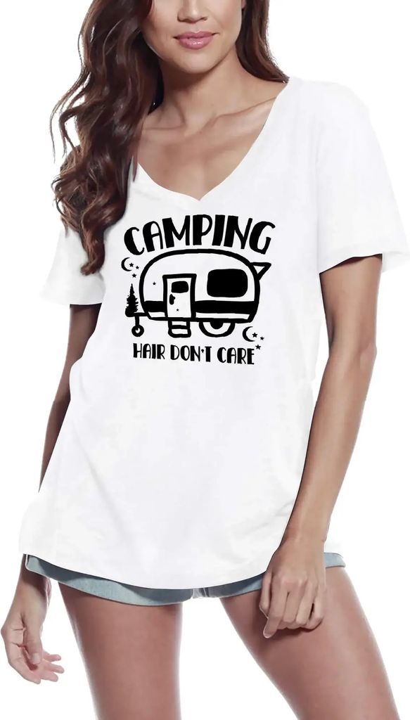 Damen Grafik T-Shirt V-Ausschnitt Campinghaare sind egal - campen – Camping Hair Don't Care - Camp – Öko-Verantwortlich Vintage Jahrgang Kurzarm