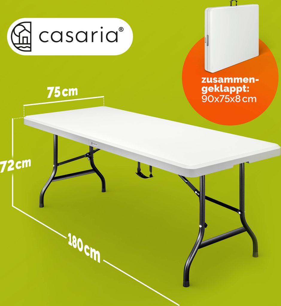 A white folding table with dimensions indicated by text overlays, shown on a green background. A folded version of the table is shown in an orange circle.