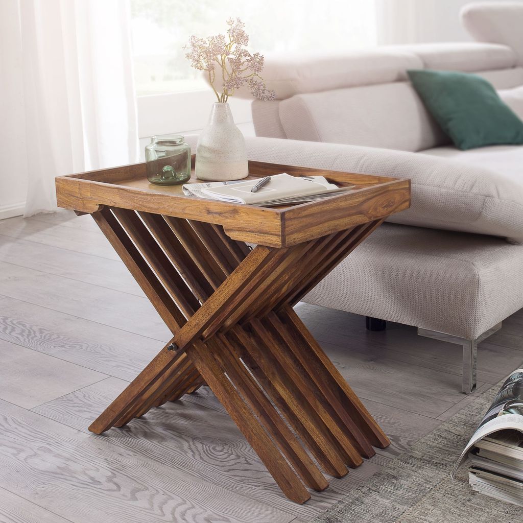 FineBuy Beistelltisch Massivholz Design Klapptisch Serviertablett und Tisch-Gestell klappbar Landhaus-Stil Couchtisch Echt-Holz Natur-Produkt