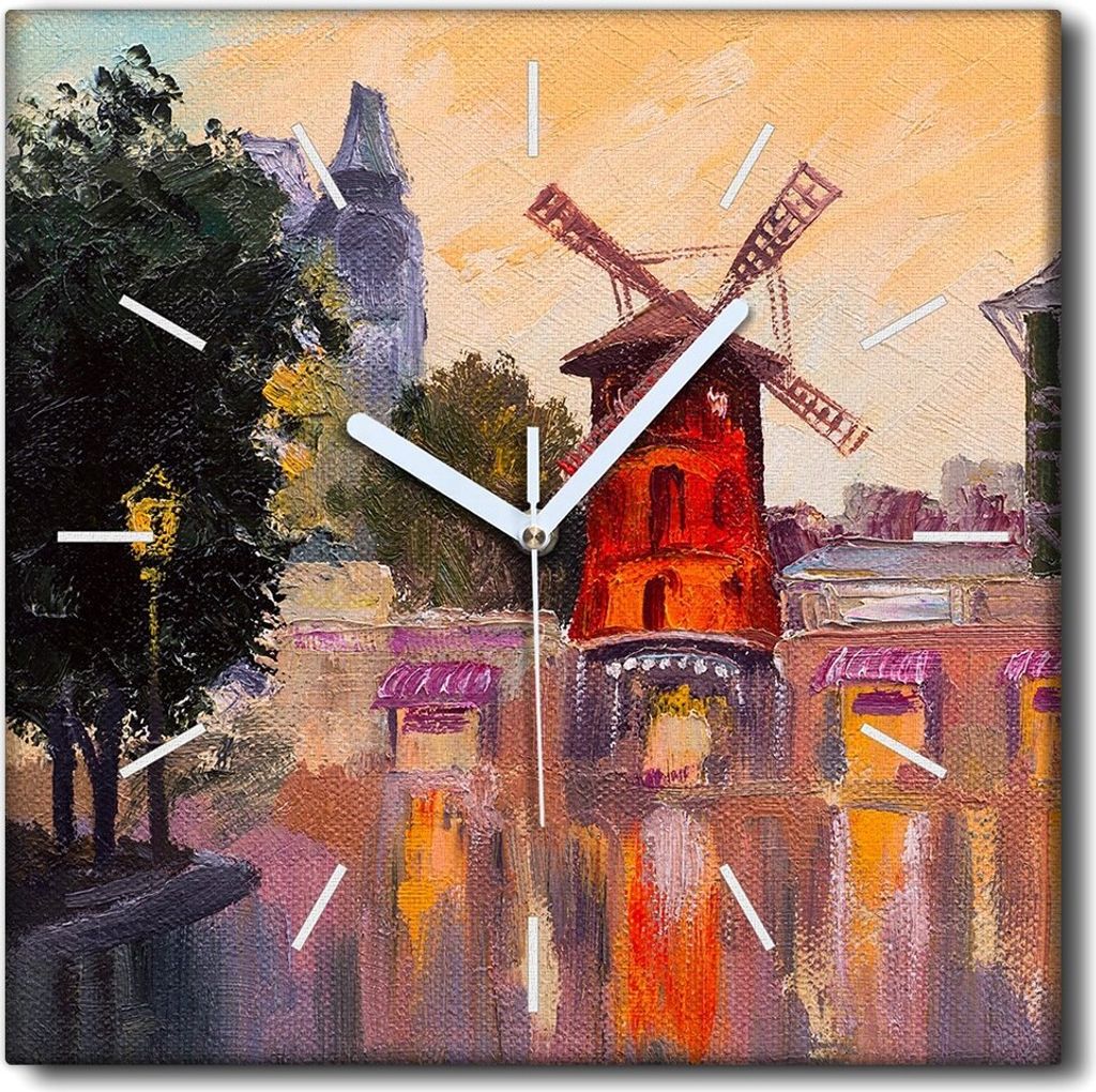 Coloray Uhr auf Leinwand 30x30 cm Wand Uhr Dekoration Wohnzimmer Segeltuch weiße Zeiger -Stadt Moulin Paris