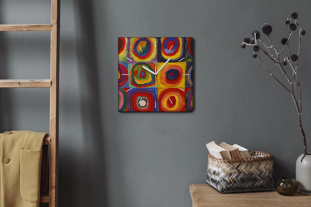 Coloray Hodiny Unikátní 30x30 cm Tiché hodiny Pro obývací pokoj a kuchyň Nástěnné hodiny Plátno Bílé ručičky hodin - Kandinsky