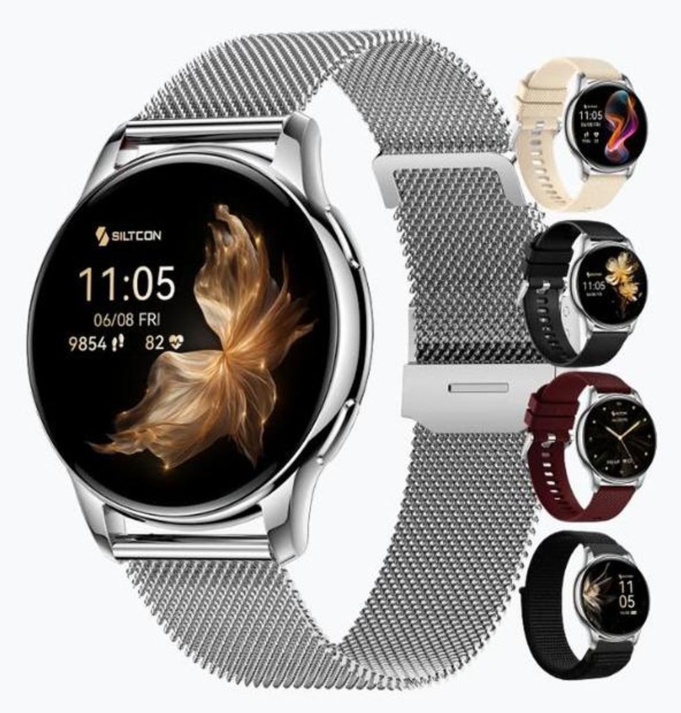 Siltcon Auréa Smartwatch Damen & Herren Silber – AMOLED – Telefonfunktion – Schrittzähler – Herzfrequenz – 5 Armbänder