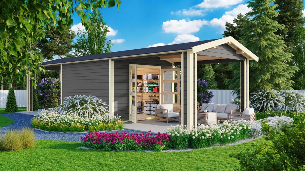 Karibu Gartenhaus Gerätehaus Theres 7 im Set mit 2 Dachausbauelement terragrau 900x304x250 cm