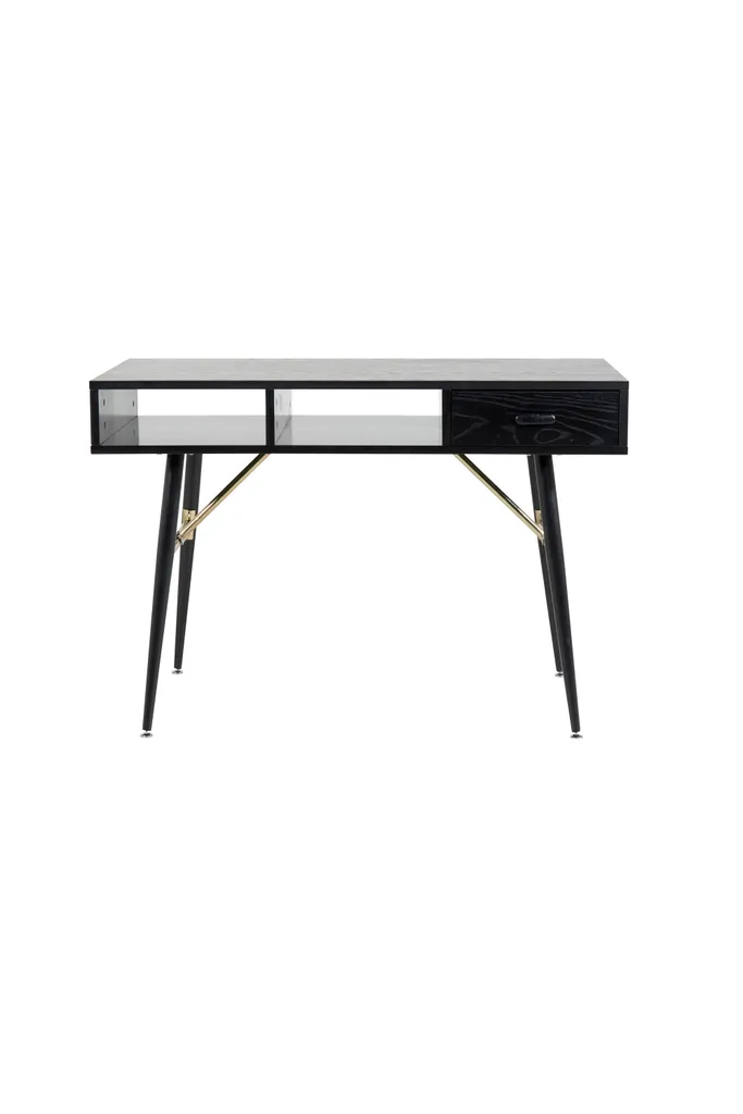 Bureau Noir GoldDesk 110x60 cm à Grand Rangement Ouvert et Tiroir Mural