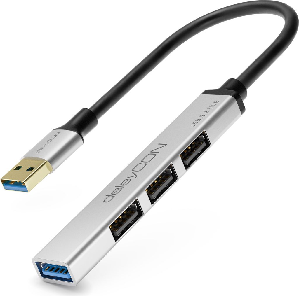 deleyCON USB HUB 4 Port - 4x USB A Anschlüsse (1x USB 3.0 // 3x USB2.0 Buchse) - Mit 15cm Kabel USB A Stecker - Silber