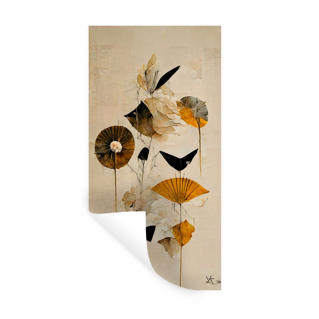 MuchoWow Wandtattoo Wandsticker Wandaufkleber Blumen - Vintage - Pflanzen - Gold 20x40 cm Selbstklebend und Repositionierbar - Selbstklebend - Fo...