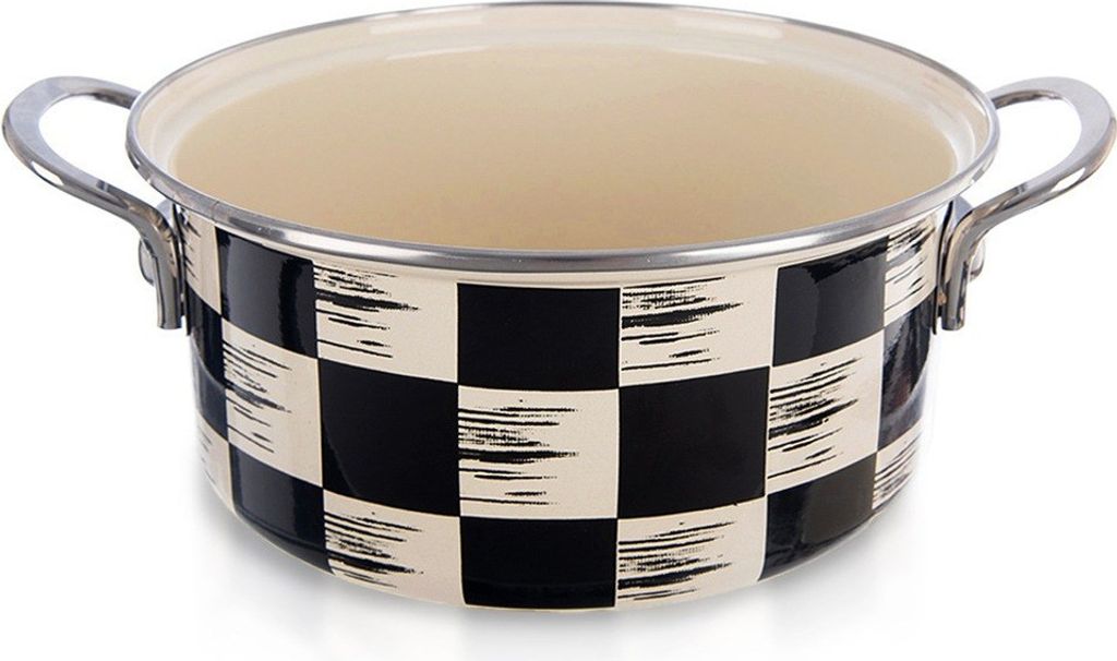 A black and white checkered pot with silver handles on a white background.