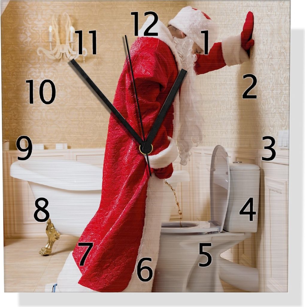 Wallario Design Wanduhr Weihnachtsmann macht Pause und pinkelt auf edler Toilette aus Aluverbund, Größe 30 x 30 cm