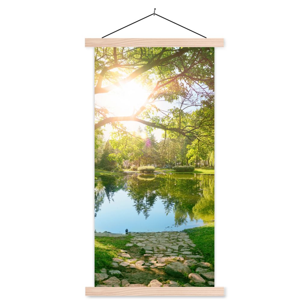 MuchoWow Textilposter Bäume - See - Sonne - Gras - Natur 60x120 cm mit holzfarbenen Rahmen - Holz