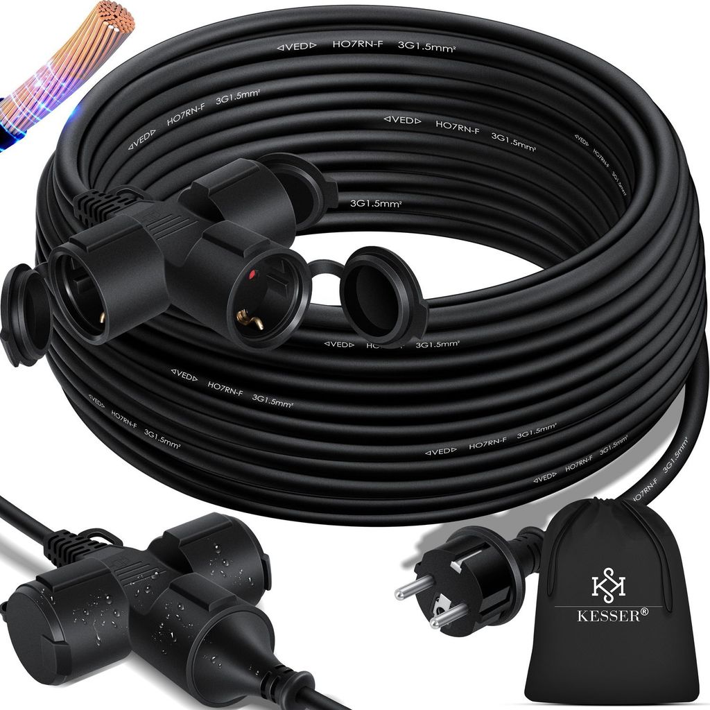 KESSER Verlängerungskabel mit Schutzkappe Outdoor - für Innenbereich Außenbereich - Verlängerung Stromkabel – 230 V IP44 - Schutzkontakt Ba...