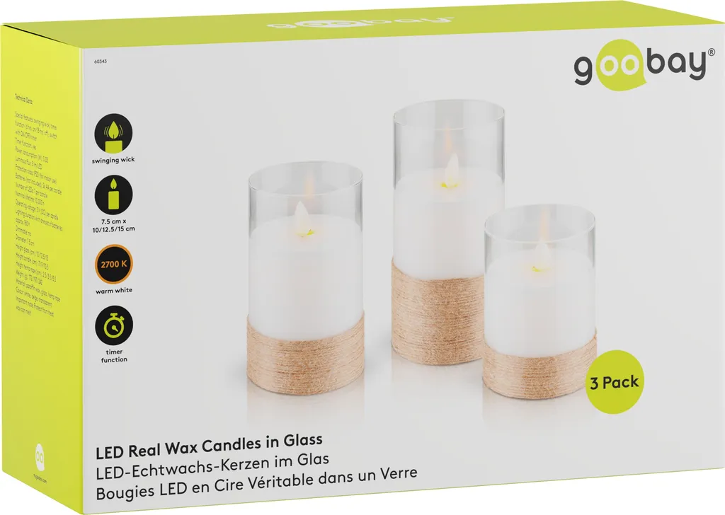 Goobay 77773: 3 Candele LED Vetro e Vera Cera - Risparmio e Durata - 2