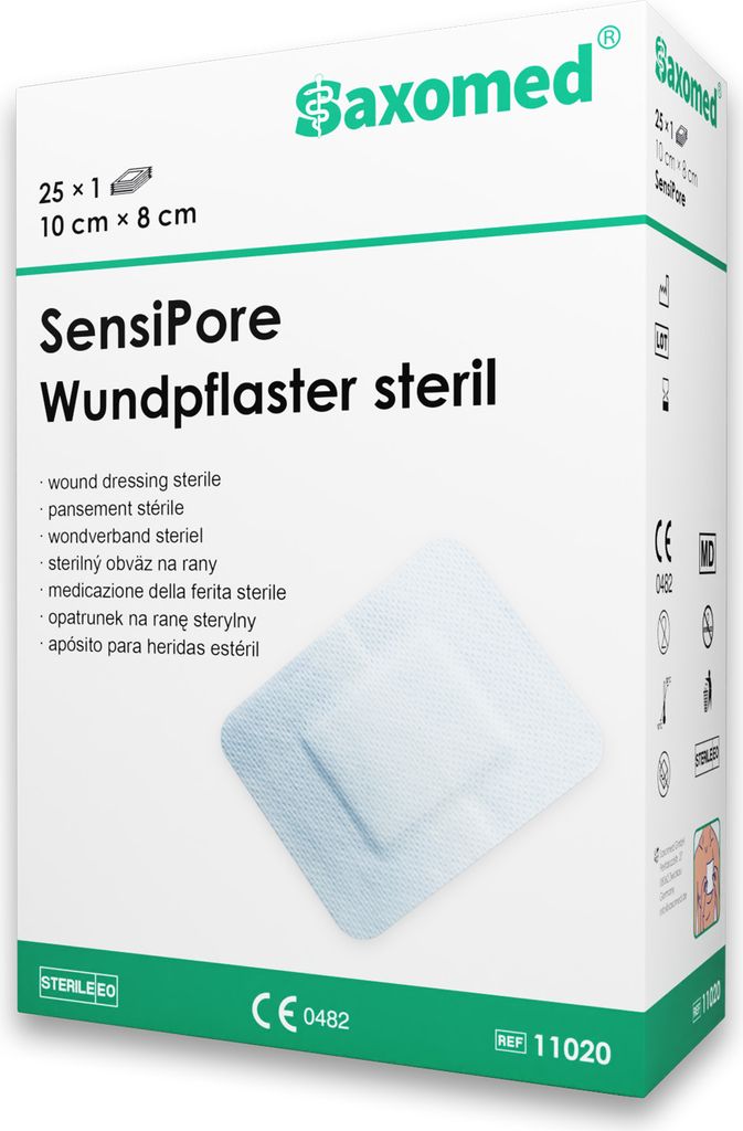 Saxomed - SensiPore Wundpflaster steril - Wundschnellverband sensitiv - 25 Pflaster 10x8 cm einzeln verpackt - Latexfrei