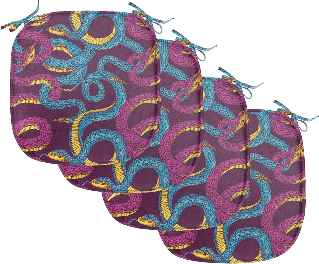ABAKUHAUS Imbottitura per sedie da sala da pranzo, serpenti artistici disegnati a mano, cuscino decorativo impermeabile con cinturini per sedie da cucina, 40 cm x 40 cm, confezione da 4, blu prugna e giallo - 1