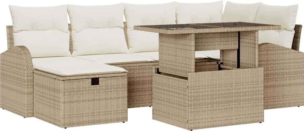 vidaXL Garten-Sofa-Set mit Kissen mit Speicher 7 pcs Beige Poly Rattan