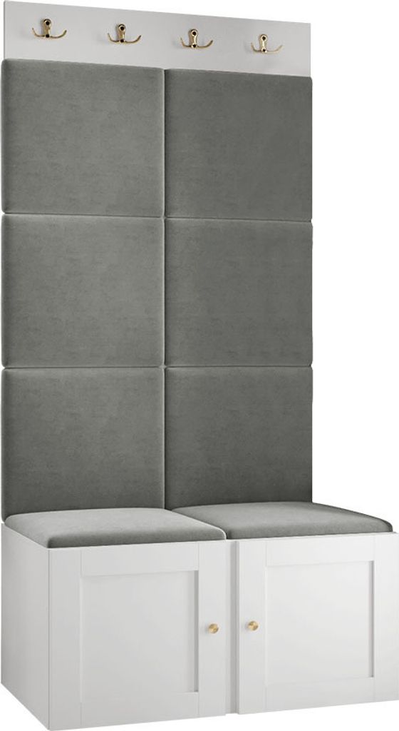 MIRJAN24 Garderoben-Set Orion Ramiro IV, Schuhschrank, Kleiderhakenbrett, 8x Paneel 42x42, Metallgriffe, 4 Kleiderhaken (Farbe: Weiß, Manila 16)