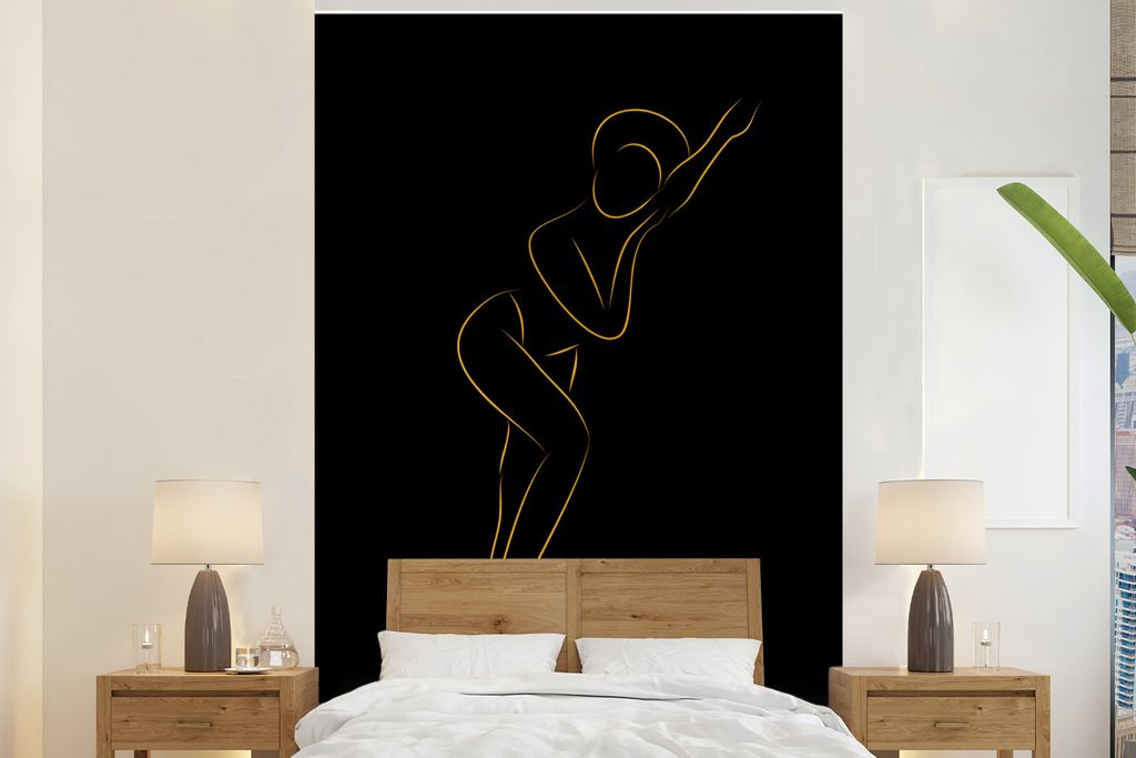 MuchoWow Fototapete für Wohnzimmer oder Schlafzimmer Wandtapete Vinyl Motivtapete Frau - Schwarz - Gold - Strichzeichnung - 195x300 cm - Das Hin...