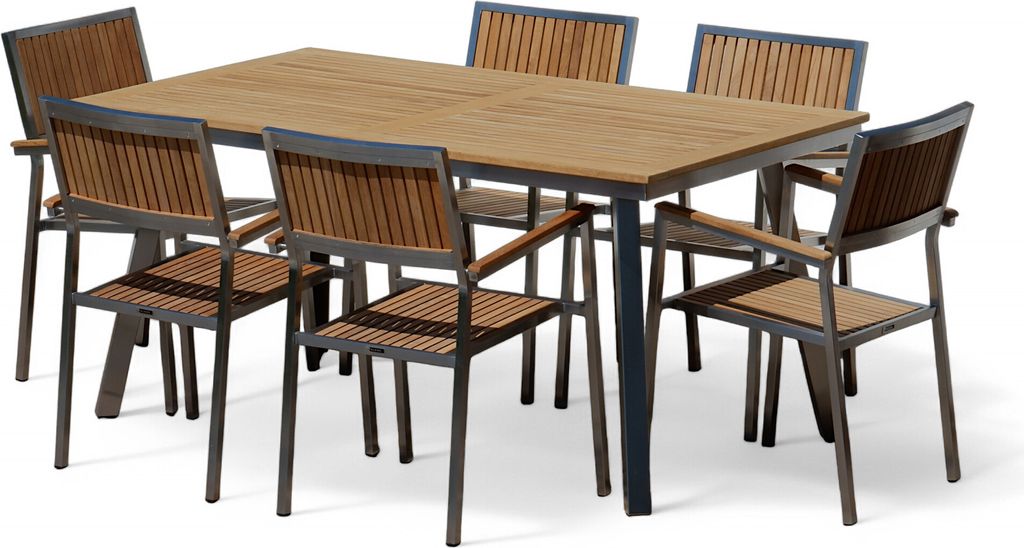 ALEOS. Gartengarnitur Edelstahl Teak Set Tisch Nassau 160x90 cm + 6 stapelbare Sessel beste Teakholz Qualität A-Grade Sitzgarnitur Gastronomiequal...