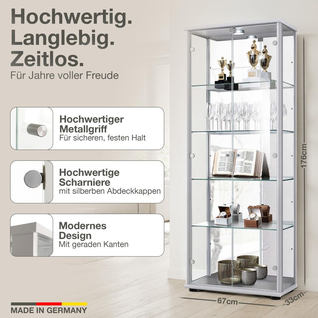 K-Möbel Glasvitrine stehend in Alu / Silber (176x67x33 cm)