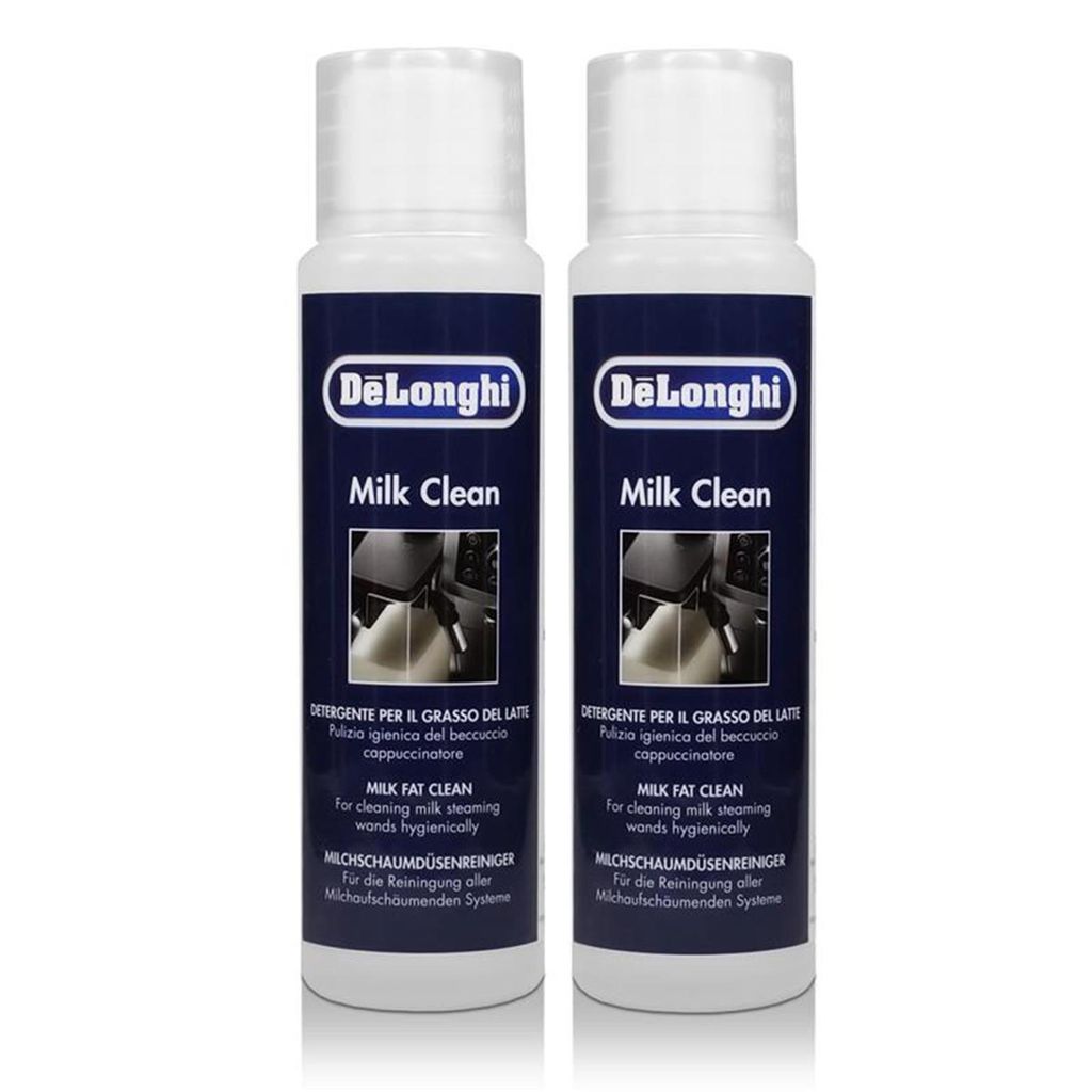 Two bottles of DeLonghi Milk Clean detergent for coffee machines are shown against a white background.