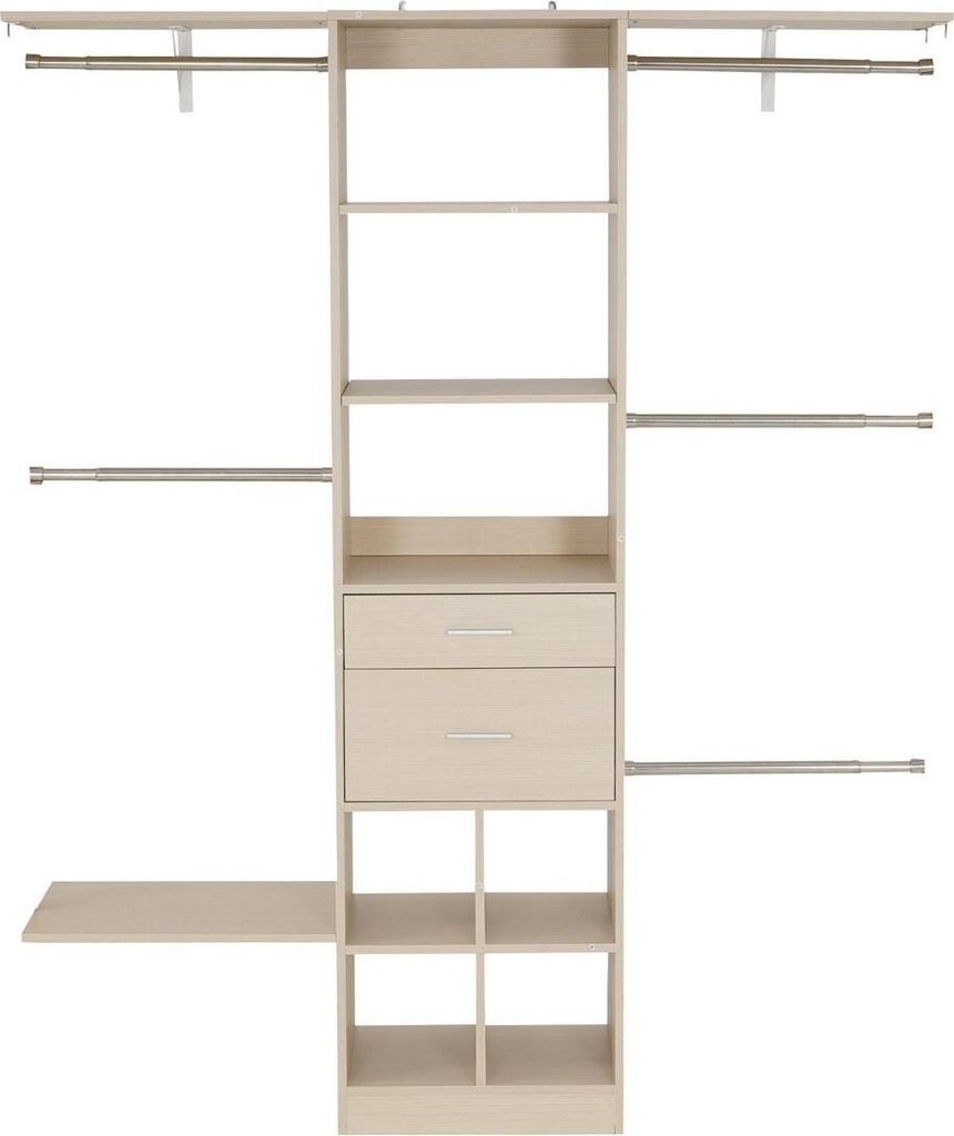 Closet System with 2 Drawers, Adjustable Height Wooden Closet Organizers, Modern Walk-in Wardrobe Organization with 5 Retractable Clothes Hanger Ro...