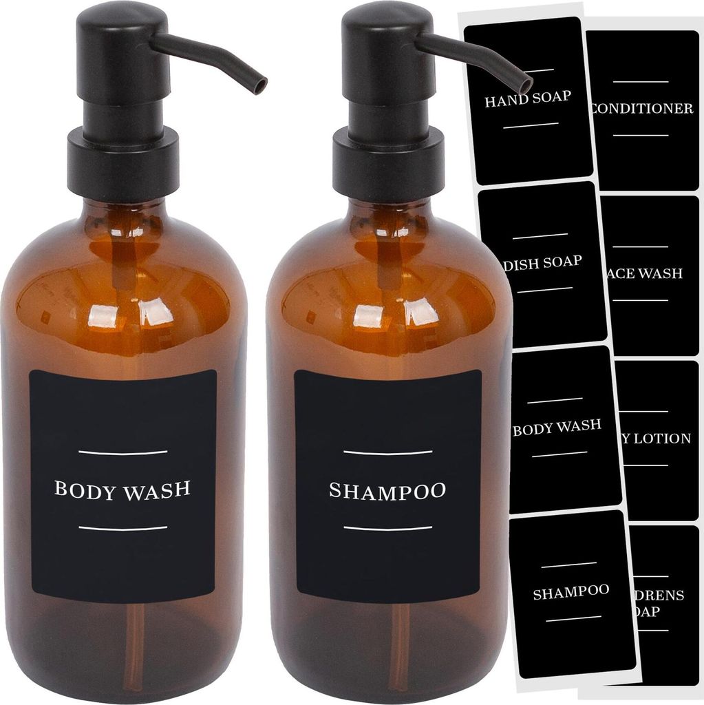 Harbor Housewares Seifenspender aus Glas mit Etiketten – 500 ml – Bernstein/Schwarz – 2er-Pack