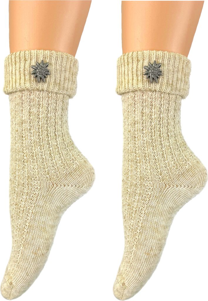 Damen und Herren Trachtensocken im modernen Landhaus-Stil mit Edelweiß-Pin – handgekettelte Naht – Qualitätssocken mit Leinen Anteil – Land...