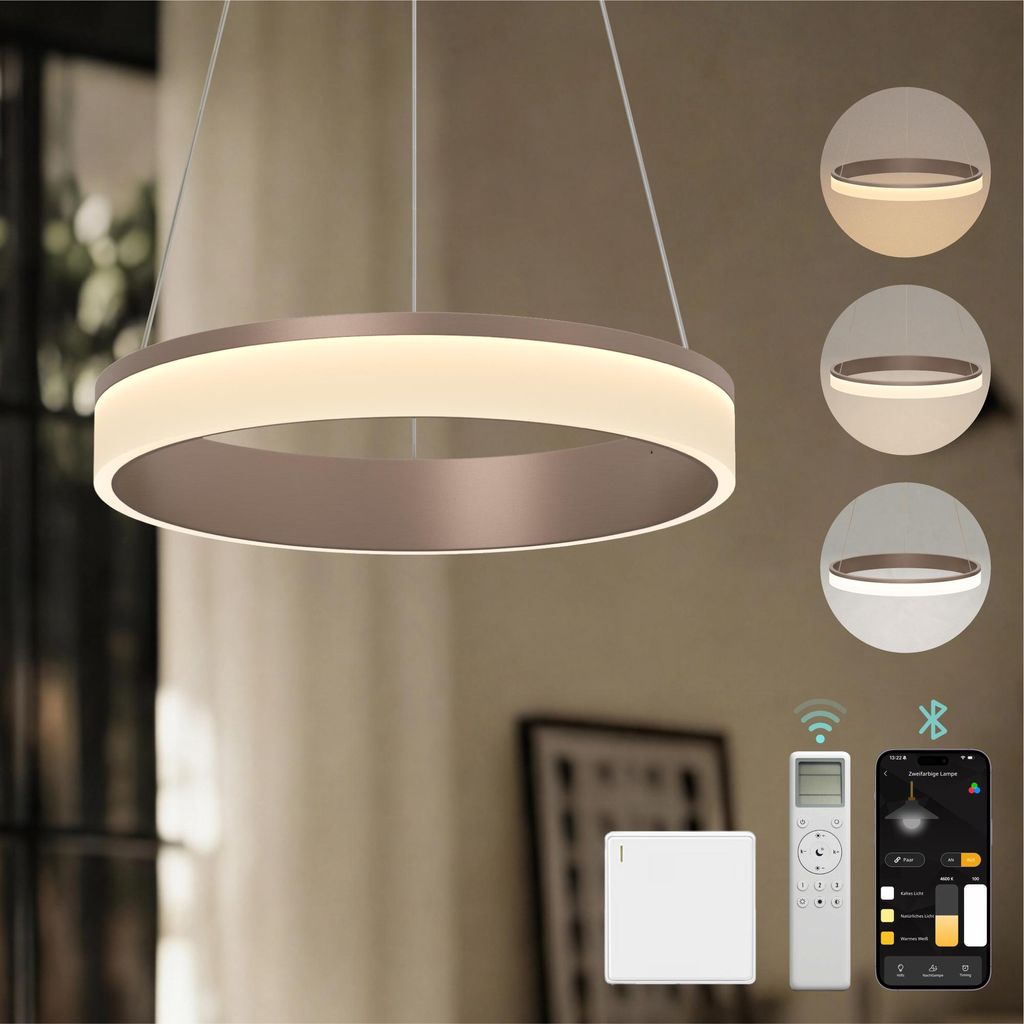 Mai & Mai Pendelleuchte Esstisch, 40cm LED Hängelampe, stufenlos dimmbar höhenverstellbare 20W Esstischlampe mit Fernbedienung Kaffee Luvina02