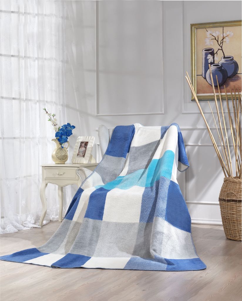 Wohndecke 160x200 cm Blau-Türkis-Weiß kariert, Sesseldecke, Sofadecke, Schlafdecke