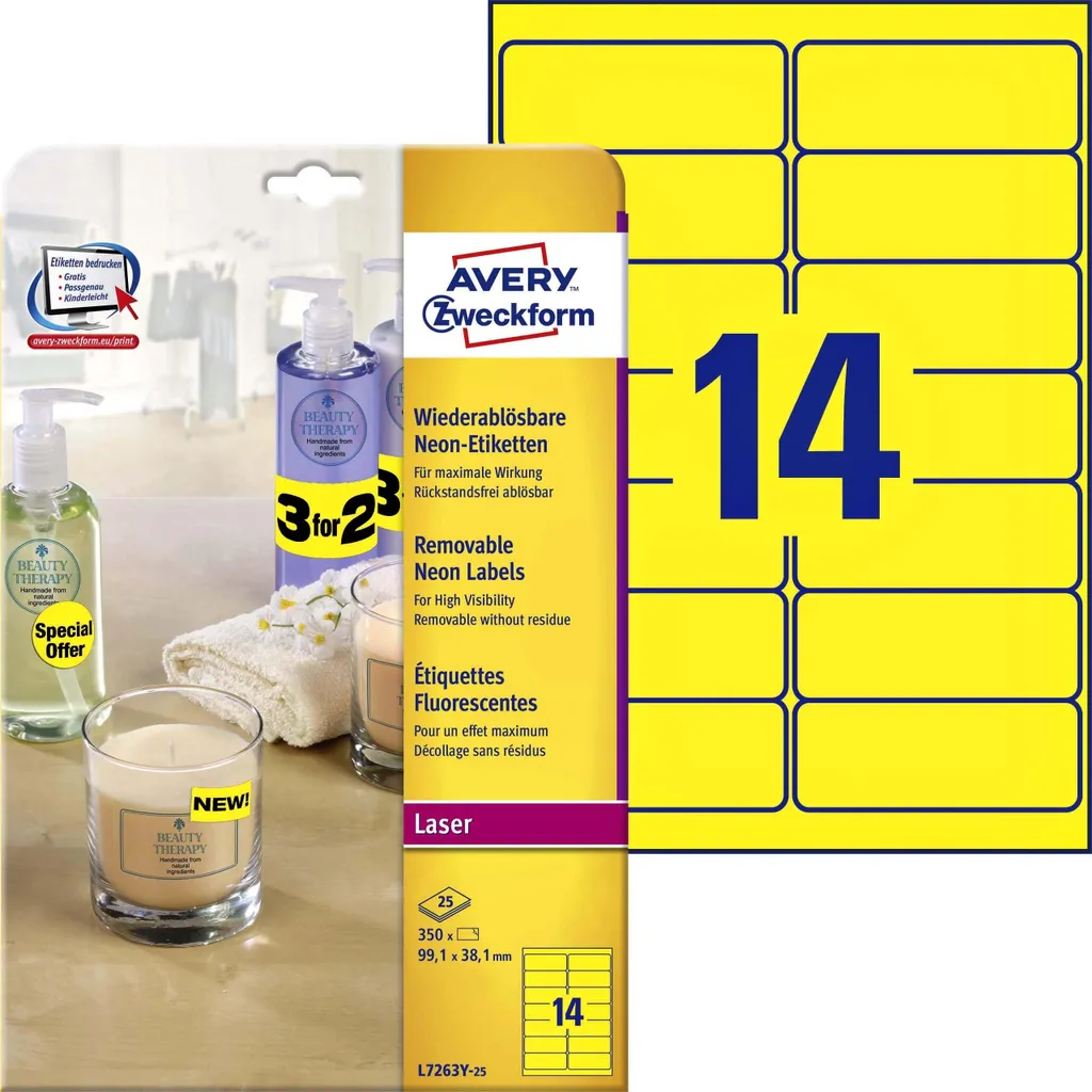 Étiquettes pour adressage et marquage fluo Avery L7263Y-100 jaune 14 par page