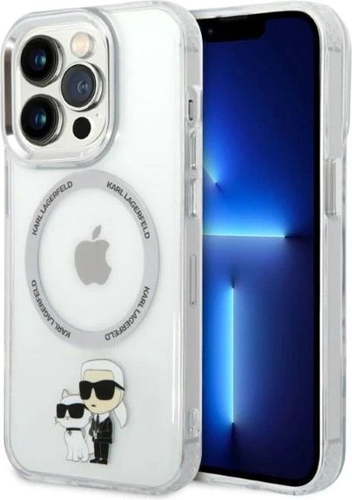 A clear, professional shot of an iPhone 14 Pro Max with a Karl Lagerfeld case.