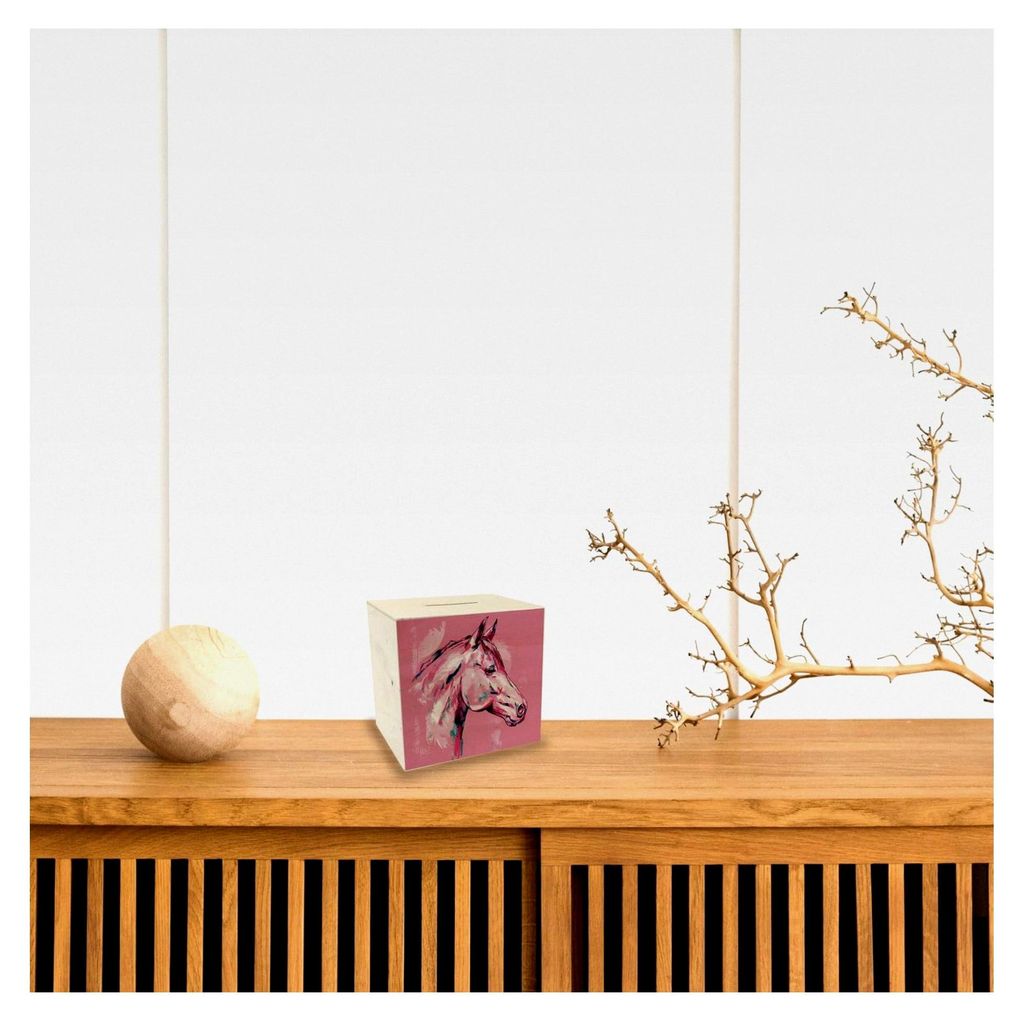Spardose aus Holz im Aquarellstil mit Pferdekopf - Kunstvolle Sparbüchse für Pferdeliebhaber mit rosa Pinselstrichen auf hellem Hintergrund